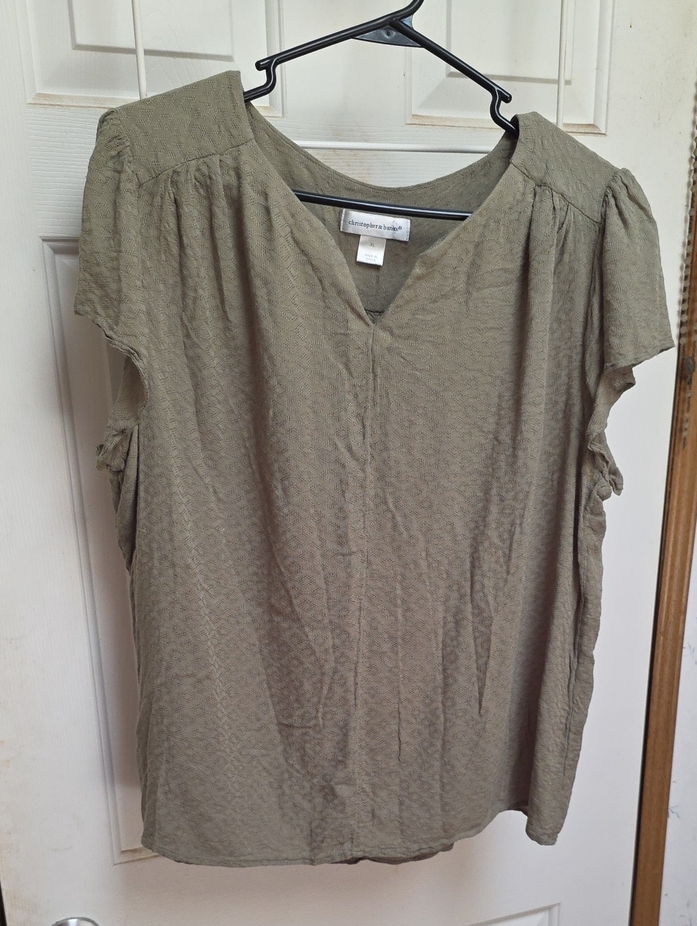 Christopher & Banks Olive Short Sleeve Textured V-Neck Blouse